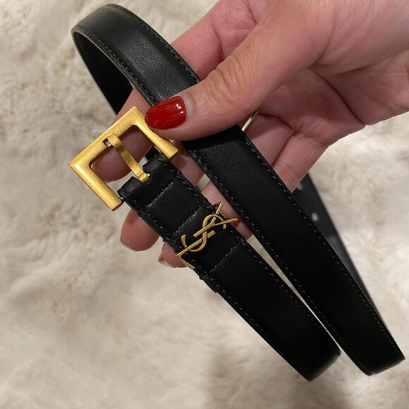 YSL Cassandre Skinny Monogram Leather Belt with Bronze Gold Hardware main image 5